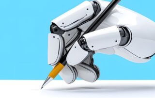 szövegírás A.I.-jal robot kezében toll